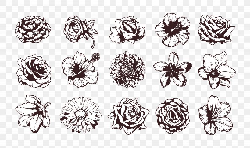Hand Drawn, PNG, 5000x2972px, Flower, Art, Black And White, Body Jewelry, Drawing Download Free