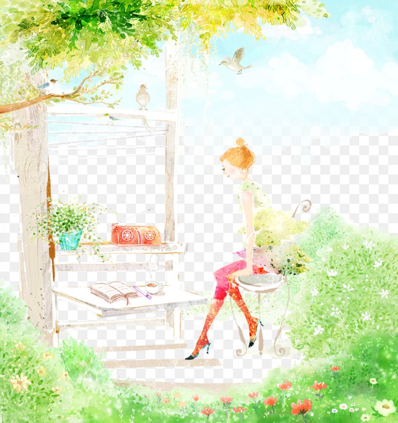 Young Woman Sewing In A Garden Watercolor Painting Fukei Landscape Painting Illustration, PNG, 1128x1200px, Watercolor, Cartoon, Flower, Frame, Heart Download Free