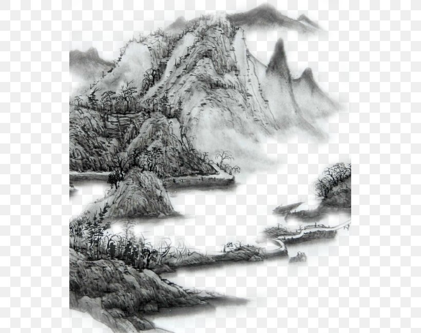 Ink Wash Painting Mountain, PNG, 549x650px, Ink Wash Painting, Artwork, Black And White, Designer, Drawing Download Free