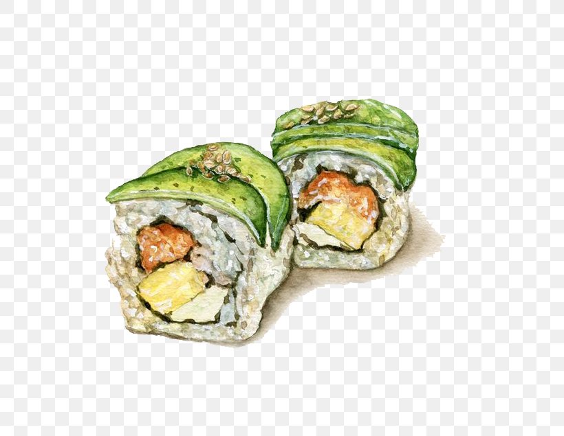 California Roll Gimbap Sushi Japanese Cuisine Watercolor Painting, PNG, 630x635px, California Roll, Appetizer, Asian Food, Comfort Food, Cuisine Download Free