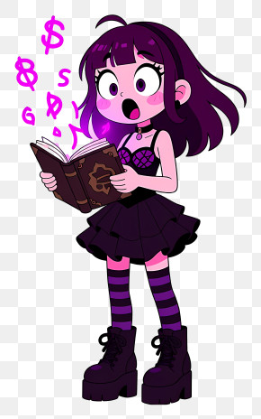 Cute Cartoon Goth Girl - Purple Witch Girl With Spellbook PNG