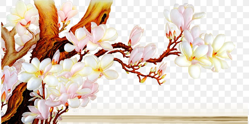 Wall Chinoiserie Mural Magnolia Denudata Painting, PNG, 812x410px, Wall, Art, Artificial Flower, Blossom, Branch Download Free