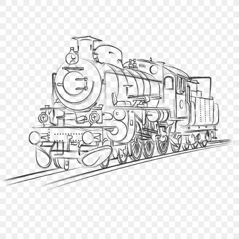 Train Rail Transport Steam Locomotive Sketch, PNG, 1024x1024px, Train, Area, Black And White, Brand, Diagram Download Free