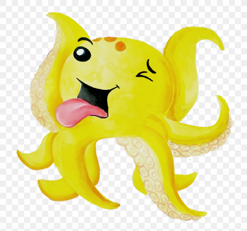 Octopus Fish Yellow Cartoon Animal Figurine, PNG, 1600x1498px, Watercolor, Animal Figurine, Biology, Cartoon, Fish Download Free