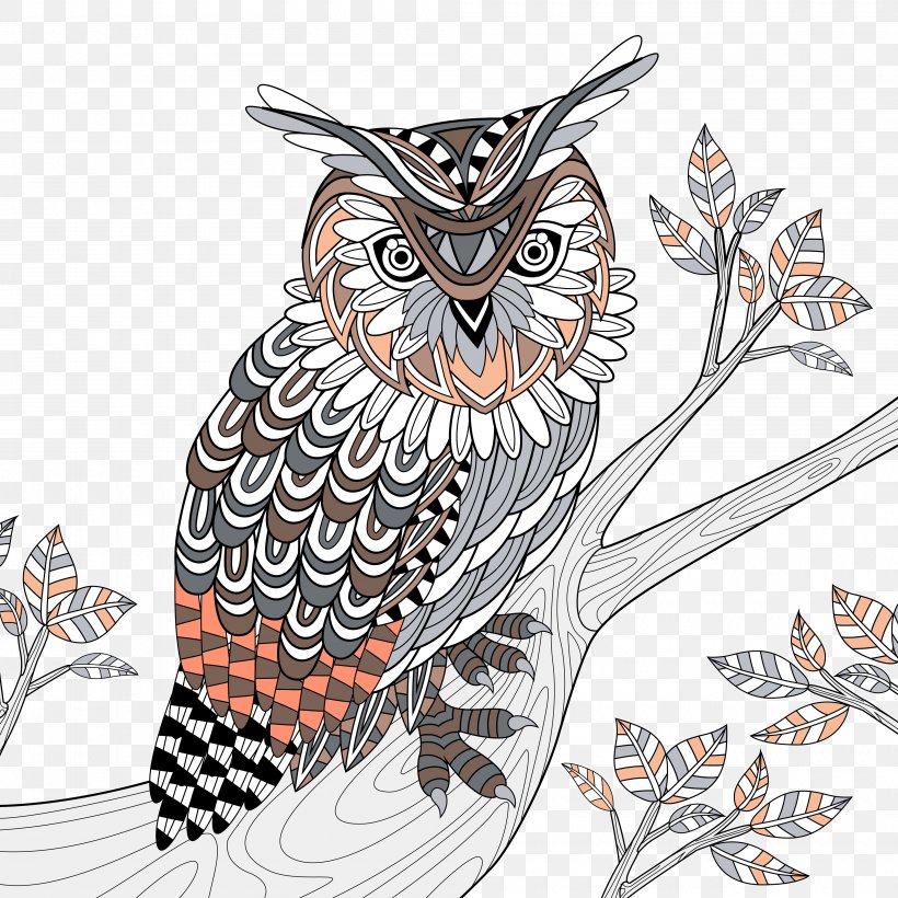 Owl Coloring Book Royalty-free Doodle Illustration, PNG, 4000x4000px, Owl, Art, Beak, Bird, Bird Of Prey Download Free