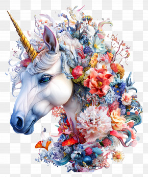 Unicorn Floral - Colorful Unicorn With Detailed Flowers PNG