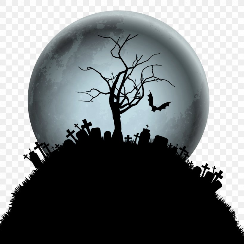 Desktop Wallpaper Halloween Clip Art, PNG, 1200x1200px, Halloween, Black And White, Cemetery, Full Moon, Haunted House Download Free