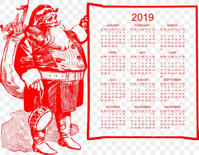 2019 Red Calendar Christmas Fat Santa., PNG, 2400x1875px, Text, Area, Brand, Calendar, Food Download Free