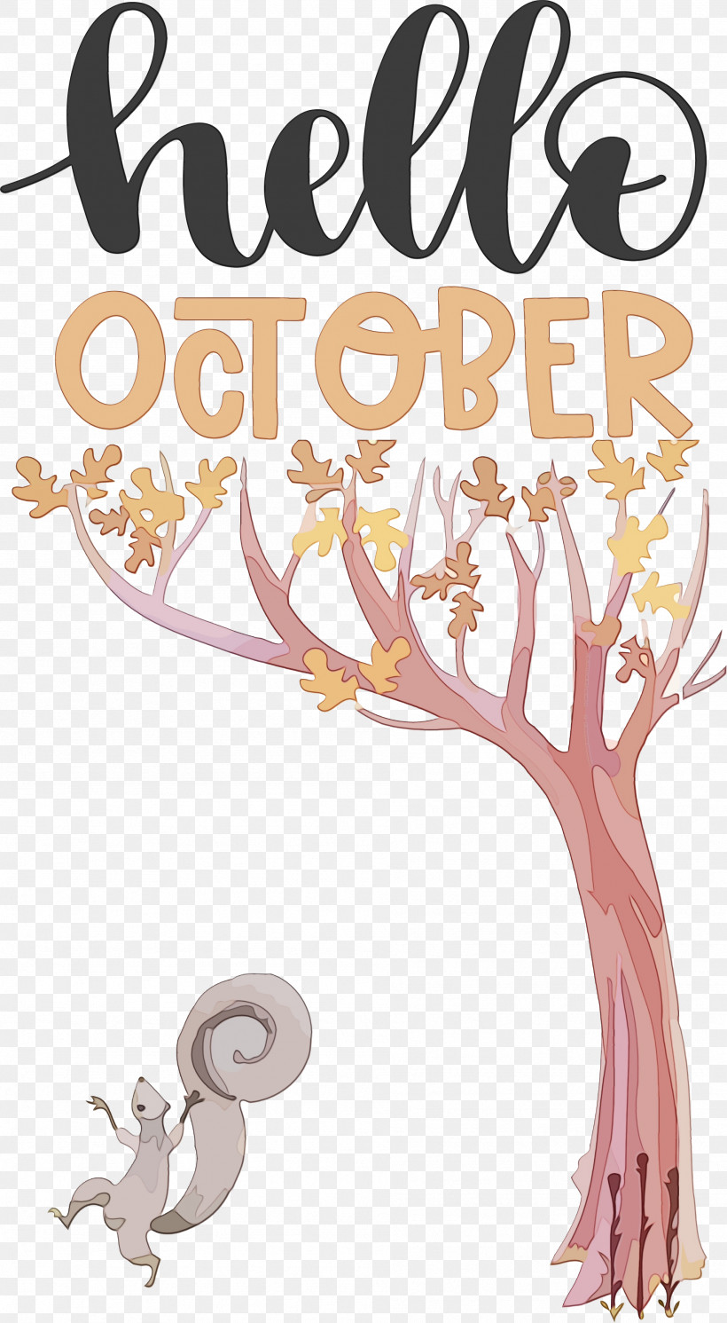Cartoon Twig Line Tree Flower, PNG, 1897x3450px, Hello October, Autumn, Biology, Cartoon, Flower Download Free