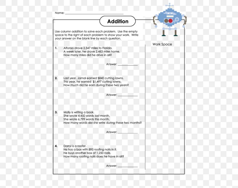 Word Problem Addition Numerical Digit Worksheet Number, PNG, 500x647px, Word Problem, Addition, Area, Diagram, Document Download Free