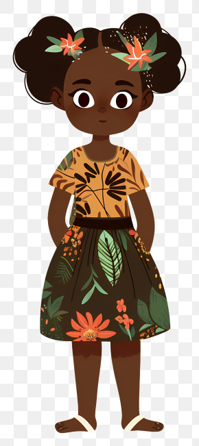 African Girl - Cute Cartoon Girl In Floral Dress PNG