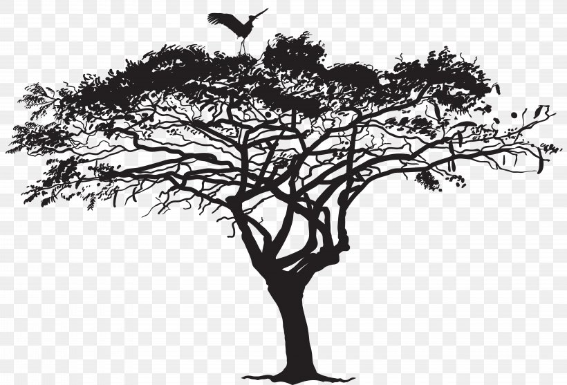 Bird Tree Silhouette Flock, PNG, 8000x5441px, Bird, Black And White, Branch, Flower, Illustration Download Free
