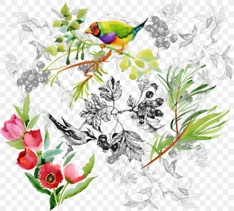 Floral Design Watercolor Painting Drawing Illustration, PNG, 1000x899px, Floral Design, Art, Beak, Bird, Branch Download Free