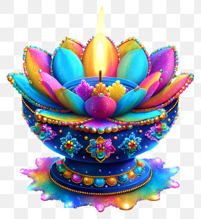 Elaborate Diya - Colorful Lotus Diya Candle PNG
