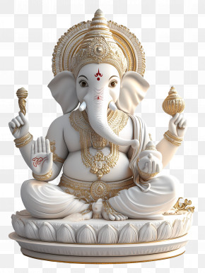 Ganpati - Ornate Ganesh Statue In White And Gold PNG