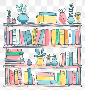 Colorful Bookshelf Illustration - Vibrant Bookshelf Cartoon Illustration PNG