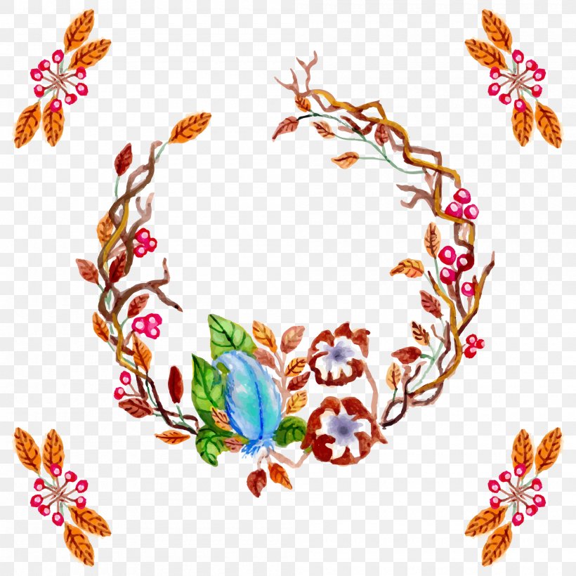 Wreath Christmas Garland, PNG, 2000x2000px, Watercolor Painting, Art, Branch, Clip Art, Drawing Download Free