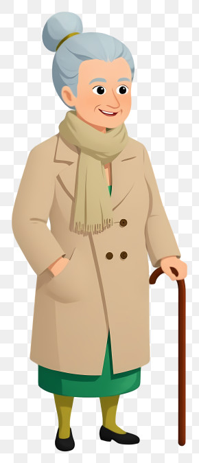 Old Woman With Stick - Elderly Woman In Beige Coat With Cane PNG