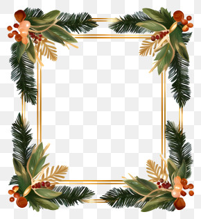 Christmas Frame - Decorative Golden And Green Frame Design PNG