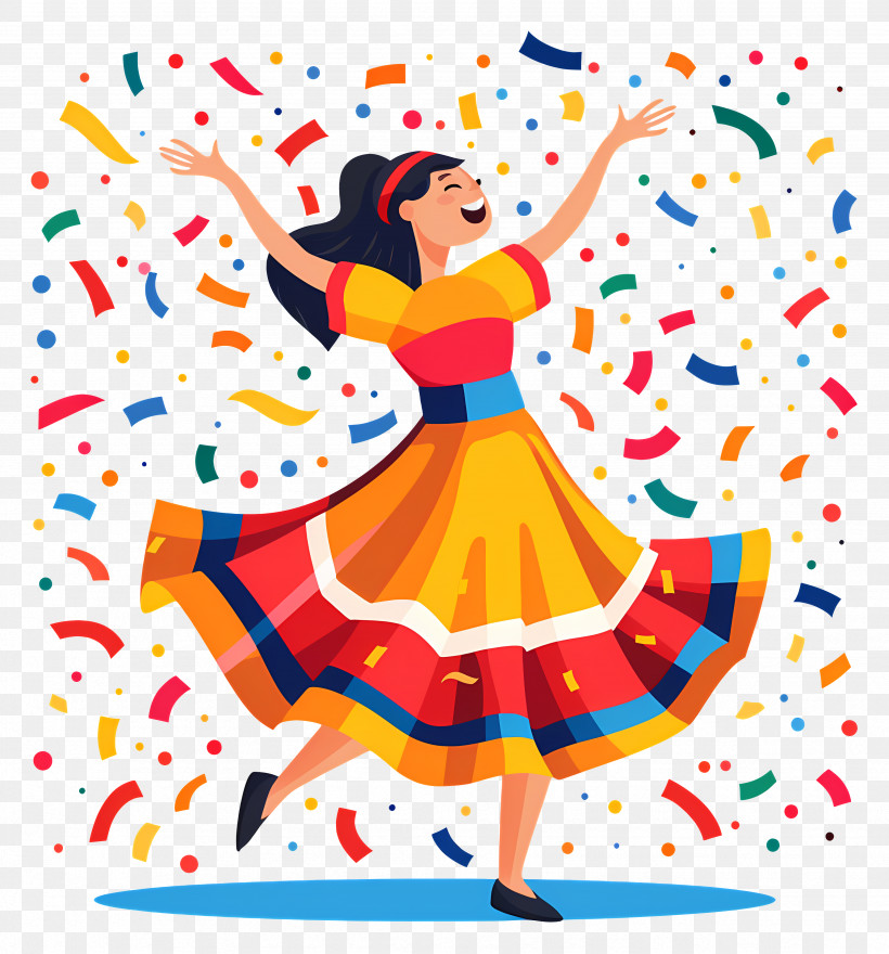 Festa Junina - Joyful Dancing Woman In Colorful Dress With Confetti PNG