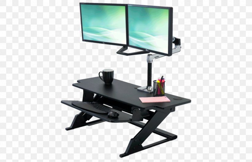 Standing Desk Computer Desk Sit-stand Desk, PNG, 838x540px, Desk, Computer, Computer Desk, Computer Keyboard, Computer Monitor Accessory Download Free