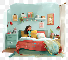 Bed Room Cartoon - Illustration Of A Girl In A Cozy Bedroom PNG