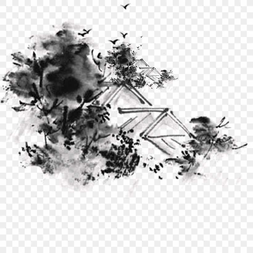 Ink Wash Painting Shan Shui Image Graphics Illustration, PNG, 1024x1024px, Ink Wash Painting, Artwork, Black And White, Branch, Drawing Download Free