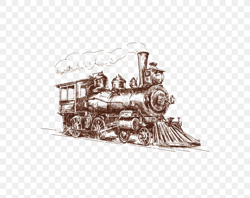 Train Rail Transport Steam Locomotive Drawing, PNG, 650x650px, Train, Black And White, Drawing, Locomotive, Metal Download Free