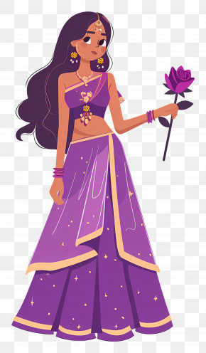 Indian Woman Cartoon - Traditional Woman Holding A Rose In Purple Attire PNG