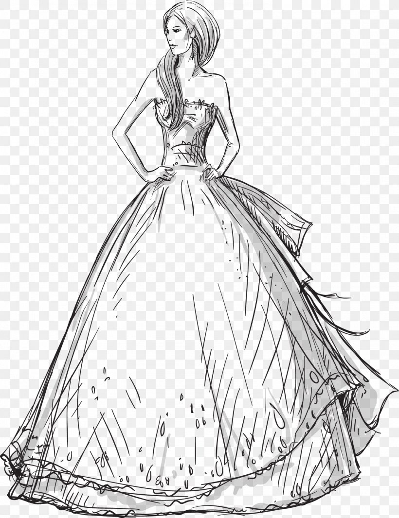 Wedding Dress Drawing Fashion, PNG, 1492x1940px, Dress, Artwork, Black And White, Bride, Clothing Download Free