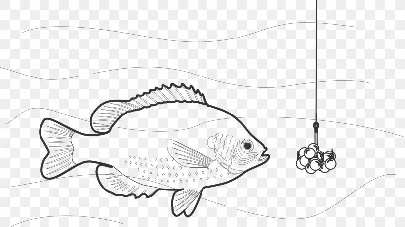 Fishing Bait Fish Hook Black And White Clip Art, PNG, 2400x1349px, Fishing Bait, Artwork, Beak, Black And White, Cartoon Download Free