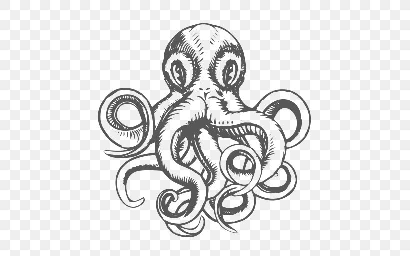 Octopus Drawing, PNG, 512x512px, Octopus, Artwork, Black And White, Cephalopod, Creative Market Download Free