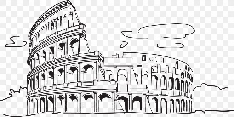 Colosseum Leaning Tower Of Pisa Tourist Attraction Illustration, PNG, 2528x1269px, Colosseum, Advertising, Architecture, Black And White, Brand Download Free