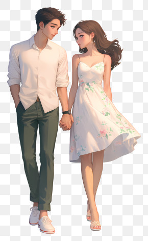 Romantic Couple Walking Hand-in-Hand PNG