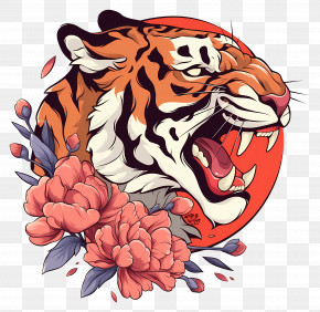 Tiger Tattoo - Roaring Tiger With Flowers PNG