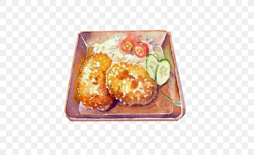 Fried Chicken Chicken Nugget Watercolor Painting Illustration, PNG, 500x500px, Fried Chicken, Art, Asian Food, Bento, Chicken Download Free