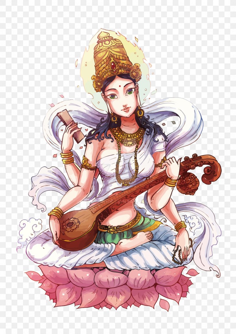 Saraswati DeviantArt Bodhisattva Illustration, PNG, 1061x1500px, Watercolor, Cartoon, Flower, Frame, Heart Download Free
