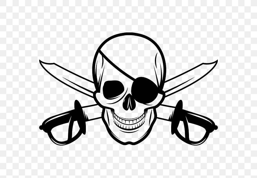 Jolly Roger Skull And Crossbones Piracy Eyepatch, PNG, 570x568px, Jolly Roger, Artwork, Black And White, Bone, Drawing Download Free