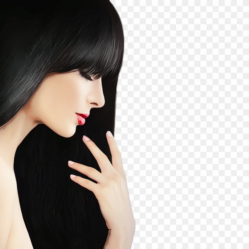 Hair Face Black Hair Skin Lip, PNG, 2000x2000px, Watercolor, Bangs, Beauty, Black Hair, Chin Download Free