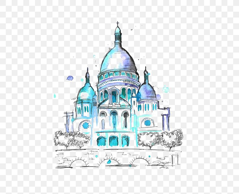 Sacrxe9-Cu0153ur, Paris Montmartre Watercolor Painting Church Illustration, PNG, 564x665px, Sacrxe9cu0153ur Paris, Art, Blue, Building, Castle Download Free