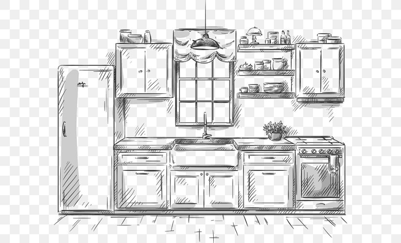 Kitchen Utensil Drawing Kitchen Cabinet, PNG, 600x498px, Kitchen, Artwork, Black And White, Drawing, Furniture Download Free