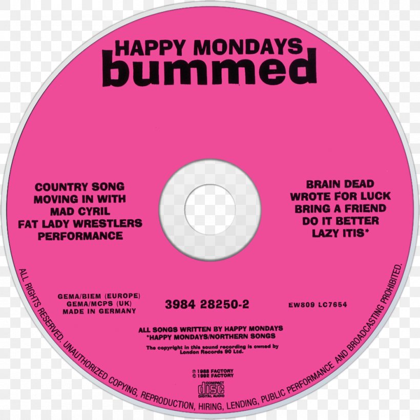 Compact Disc Happy Mondays Record Label Bummed Squirrel And G-Man Twenty Four Hour Party People Plastic Face Carnt Smile (White Out), PNG, 1000x1000px, Compact Disc, Brand, Data Storage Device, Disk Image, Dvd Download Free