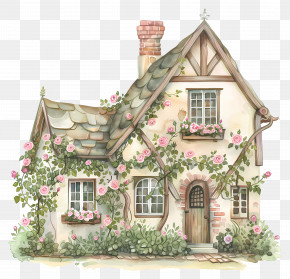 Watercolor Cottage - Adorable Cottage With Flower Vines PNG