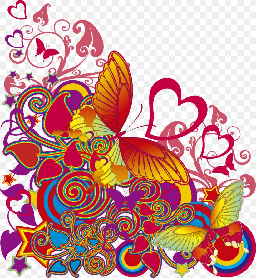 Graphic Design Clip Art, PNG, 1396x1516px, Drawing, Art, Butterfly, Flower, Heart Download Free