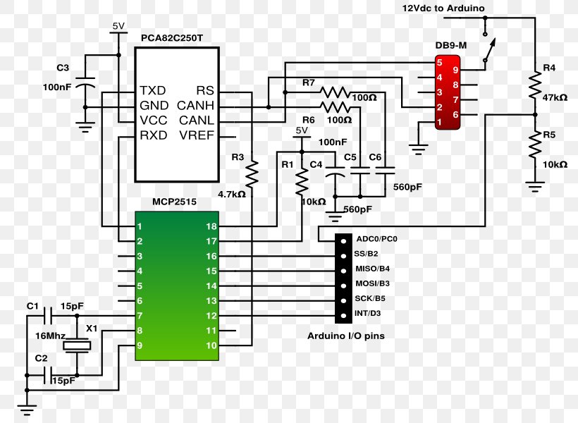 Arduino CAN Bus Schematic Interface I²C, PNG, 800x600px, Arduino, Area ...