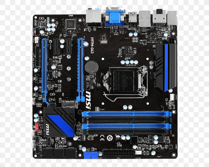 Intel LGA 1150 Motherboard MSI H97M-G43 CPU Socket, PNG, 1000x800px, Intel, Atx, Central Processing Unit, Computer, Computer Accessory Download Free