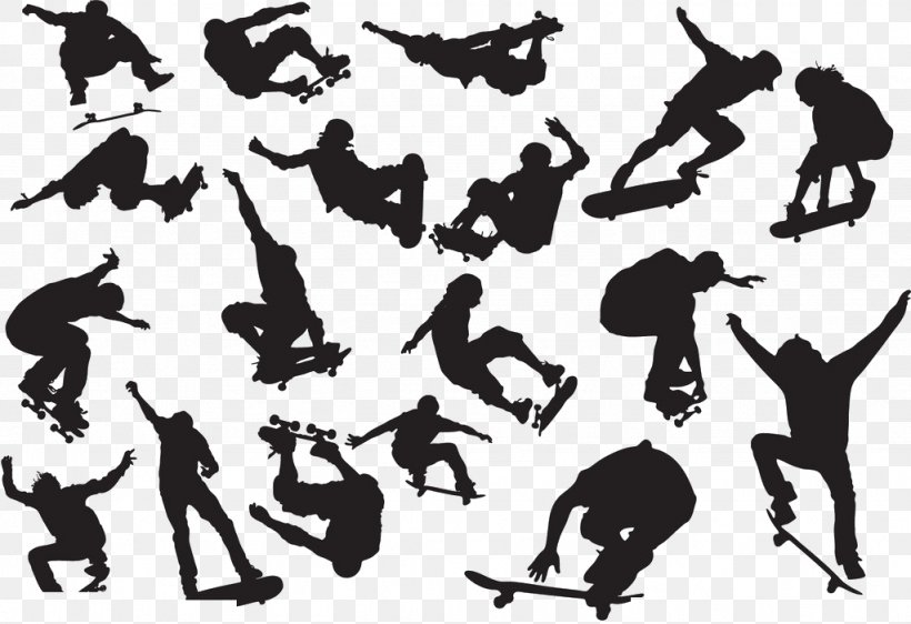 Skateboarding Euclidean Vector, PNG, 1024x703px, Silhouette, Art, Black And White, Human Behavior, Painting Download Free