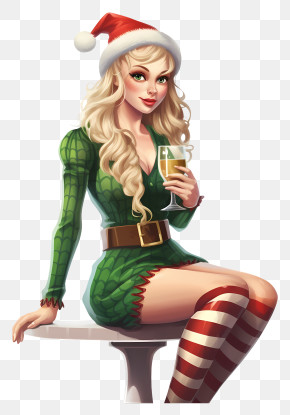 Woman - Festive Woman In Santa Hat And Christmas Attire PNG