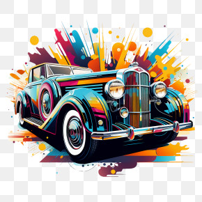 Vintage Car - Vintage Car With Vibrant Color Splash Design PNG