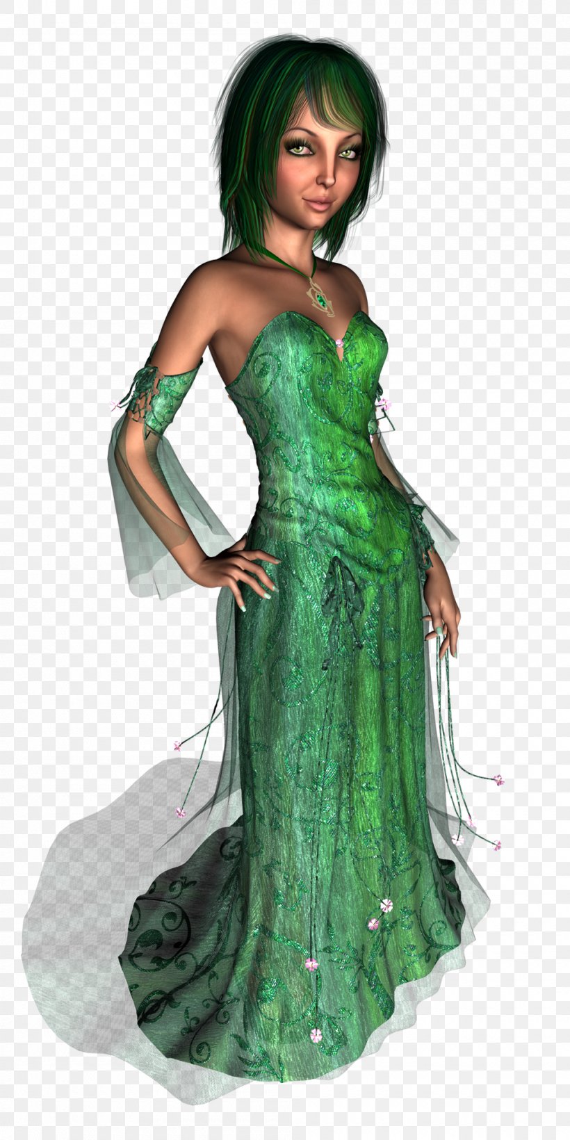 Gown Green Fashion Legendary Creature, PNG, 1000x2000px, Watercolor, Cartoon, Flower, Frame, Heart Download Free